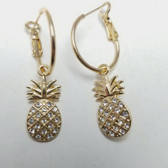 Vintage Rhinestone Encrusted Pineapple Charm Dangle Hoop Earrings, Retro Estate - Picture 6 of 6